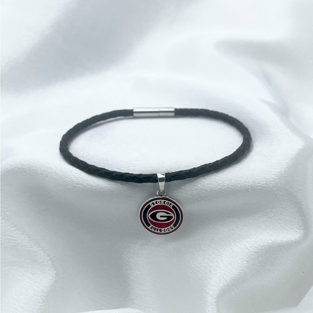 Linx Black Leather Braided Cord Bracelet with Georgia Bulldogs Football Charm
